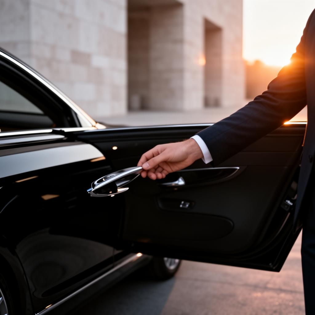 Concierge opening luxury vehicle door at dawn